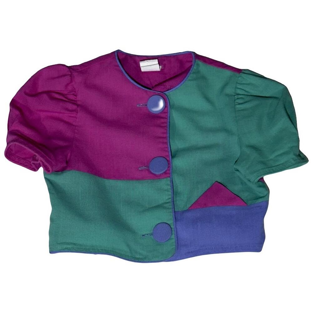 Bryan Girls Top Size 6 Vintage Color Block Metal Button Blouse Short Puff Sleeve